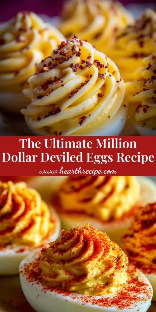 A top-down view of a white serving platter filled with Million Dollar Deviled Eggs, garnished with smoked paprika, crispy bacon, and fresh chives.