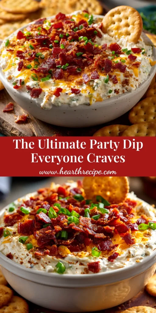 A shareable pin image for the Million Dollar Dip Recipe, showing the finished dip in a bowl surrounded by crackers, with text overlay.