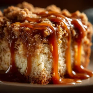 A close-up side view of a slice of moist apple crumble cake on a white plate. You can clearly see the layers of tender cake, chunks of baked apple, and the thick, crunchy crumble topping.