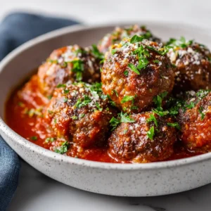 A close-up shot of baked keto meatballs on a plate, showing their moist and tender texture. A delicious gluten-free meatball option.