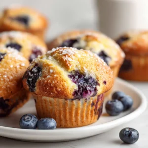 A close-up shot of a fluffy blueberry muffin broken in half, revealing a moist interior packed with juicy blueberries.