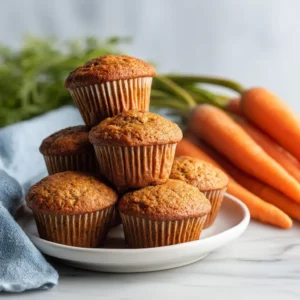 A stack of three homemade carrot cake muffins on a rustic plate, showing their moist and tender crumb texture.
