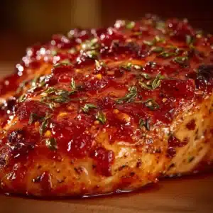 A close-up shot of a slice of moist turkey breast, showing the juicy meat and the rich cranberry orange glaze.