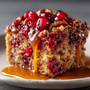 An extreme close-up of a perfect square slice of moist cranberry pecan cake, showing the tender crumb, bright red cranberries, and pieces of pecan.