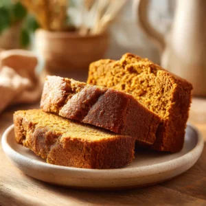 An extreme close-up of three thick, rustic slices of moist pumpkin loaf, showcasing the tender and soft crumb.