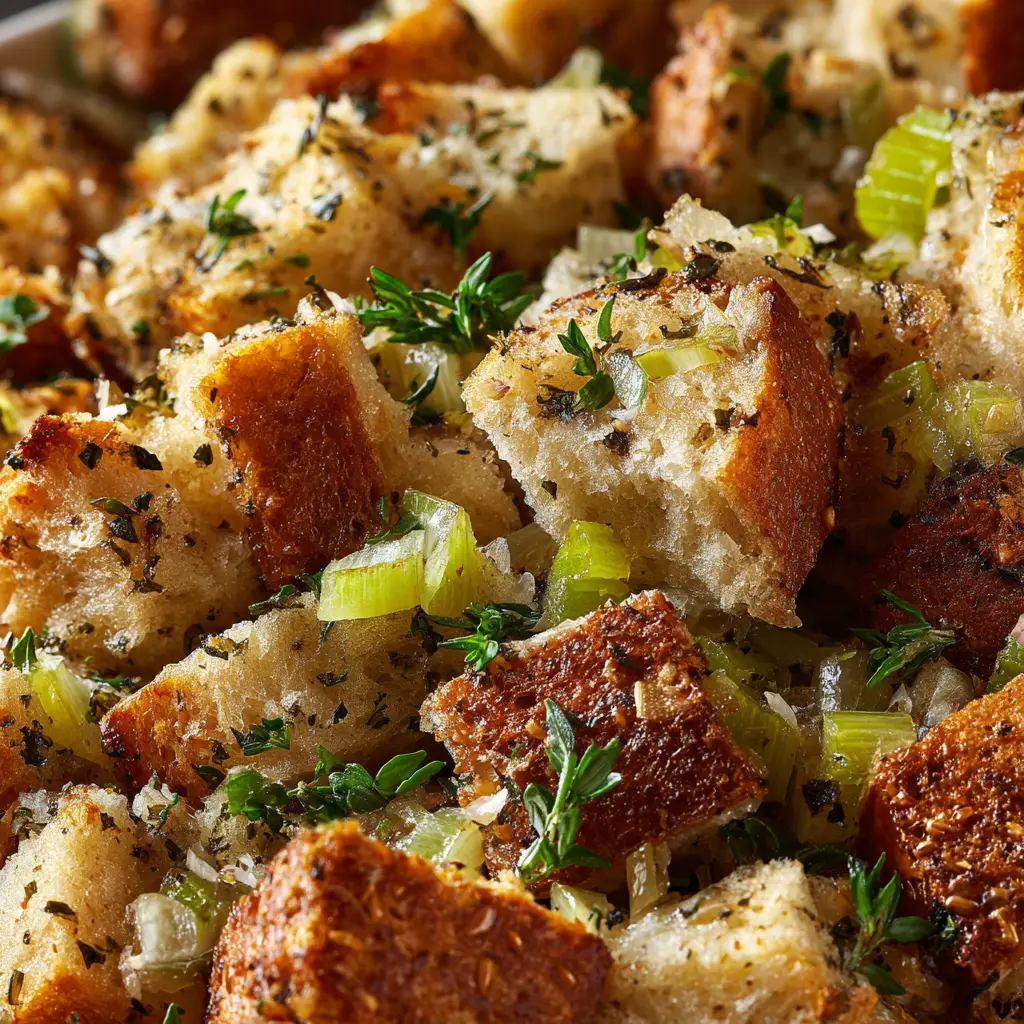 Thanksgiving Stuffing Recipe (The Best, Easy & Classic) 1 A scoop of classic Thanksgiving stuffing on a serving spoon, showcasing the moist interior and crispy golden-brown top of the baked dish.