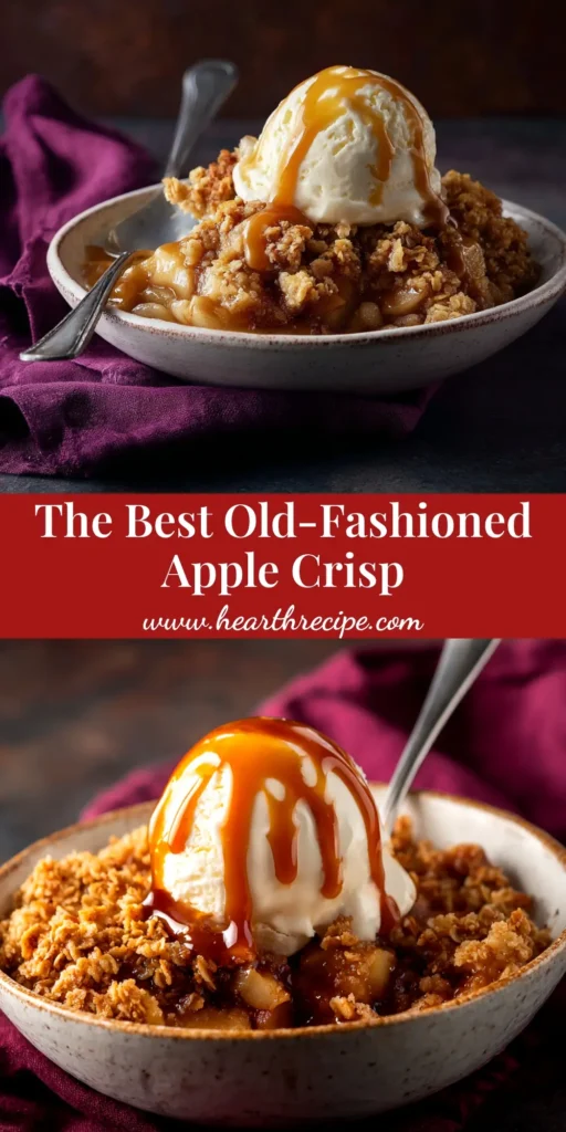 A scoop of old-fashioned apple crisp in a white bowl, topped with vanilla ice cream. The crisp has a golden brown oat topping and bubbly apple filling.
