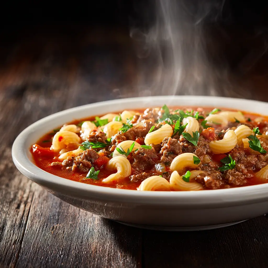 A spoonful of old-fashioned beef and macaroni soup being lifted from a bowl, showing the rich tomato broth and pasta.