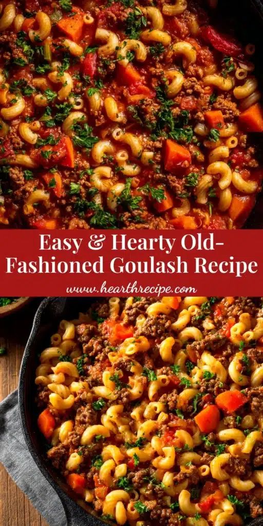 Old-Fashioned Goulash (The BEST Classic Recipe!) 4 A delicious bowl of Old-Fashioned Goulash, with ground beef, macaroni, and rich tomato sauce, garnished with fresh parsley.