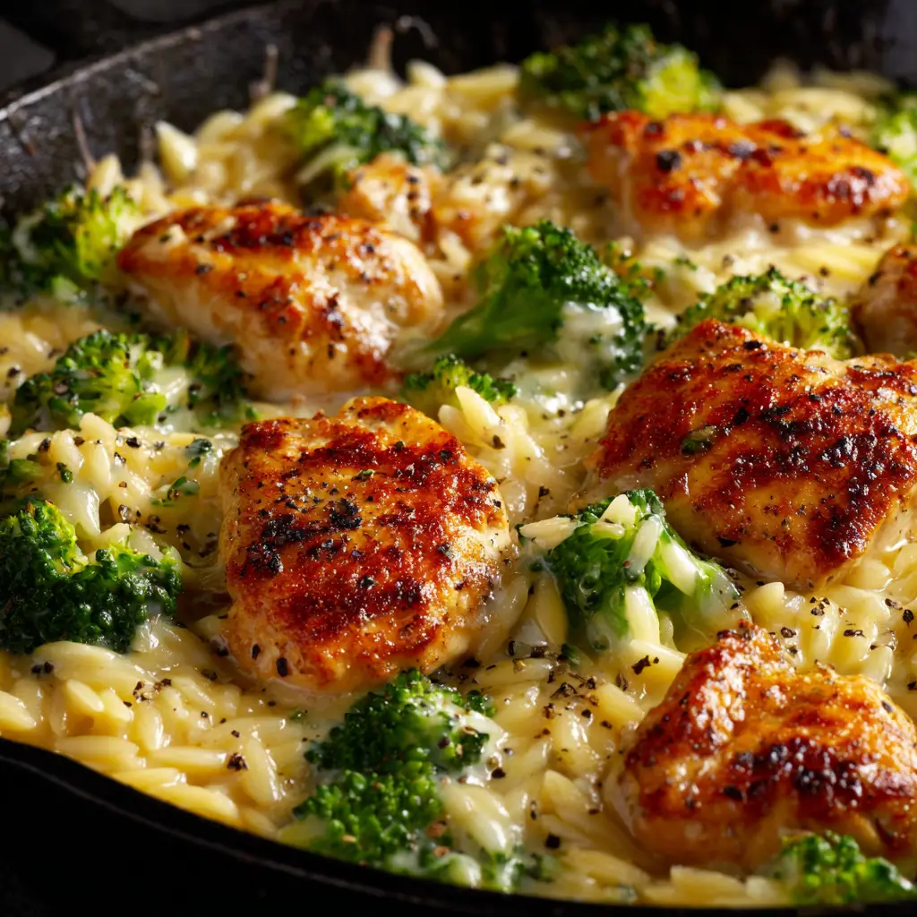A fork lifting a bite of the chicken and broccoli orzo from a white bowl, ready to be eaten.