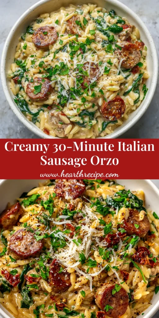 A skillet of creamy One Pot Italian Sausage Orzo garnished with fresh parsley. This easy 30-minute recipe is perfect for a weeknight dinner.