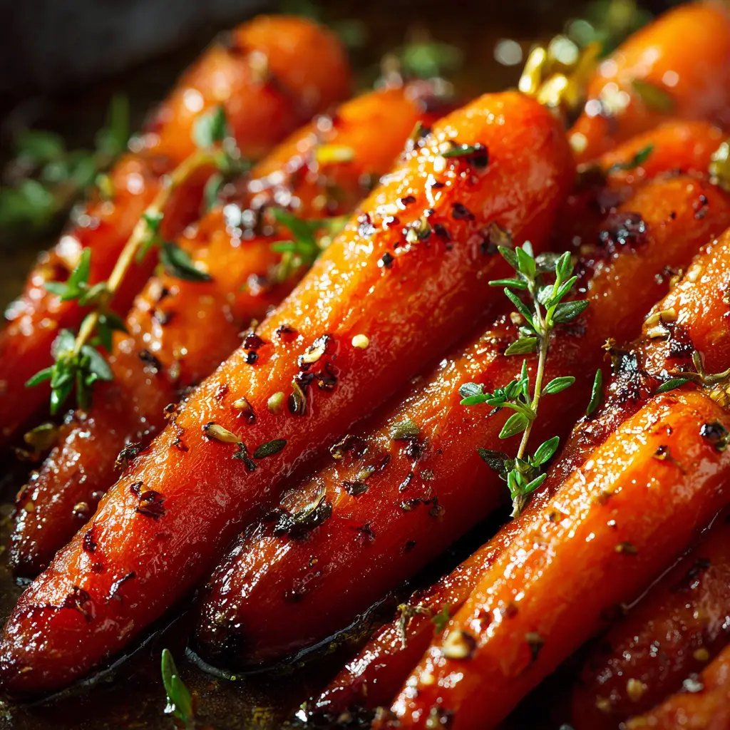 A close-up of oven-roasted caramelized carrots on a baking sheet, fresh out of the oven.