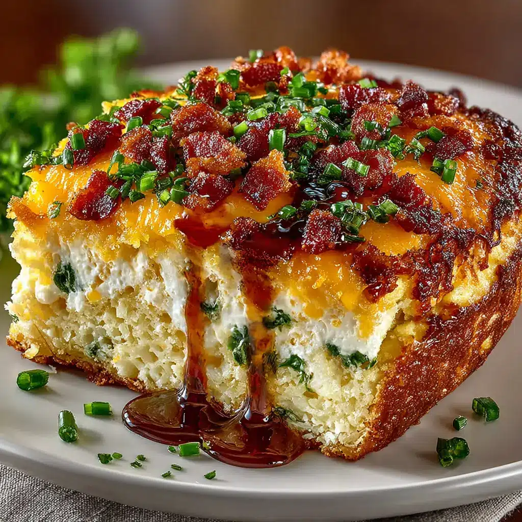 A fork cutting into a piece of overnight breakfast casserole, showing the custardy inside. This image demonstrates the perfect, non-soggy texture of the dish.