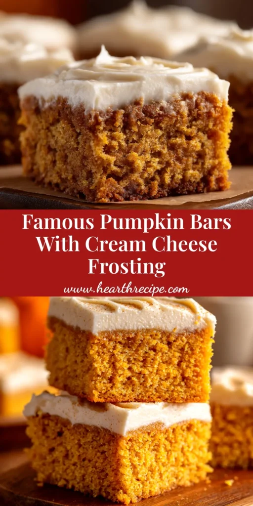 A stack of moist Paula Deen pumpkin bars with thick cream cheese frosting, with one bar cut to show the tender crumb.
