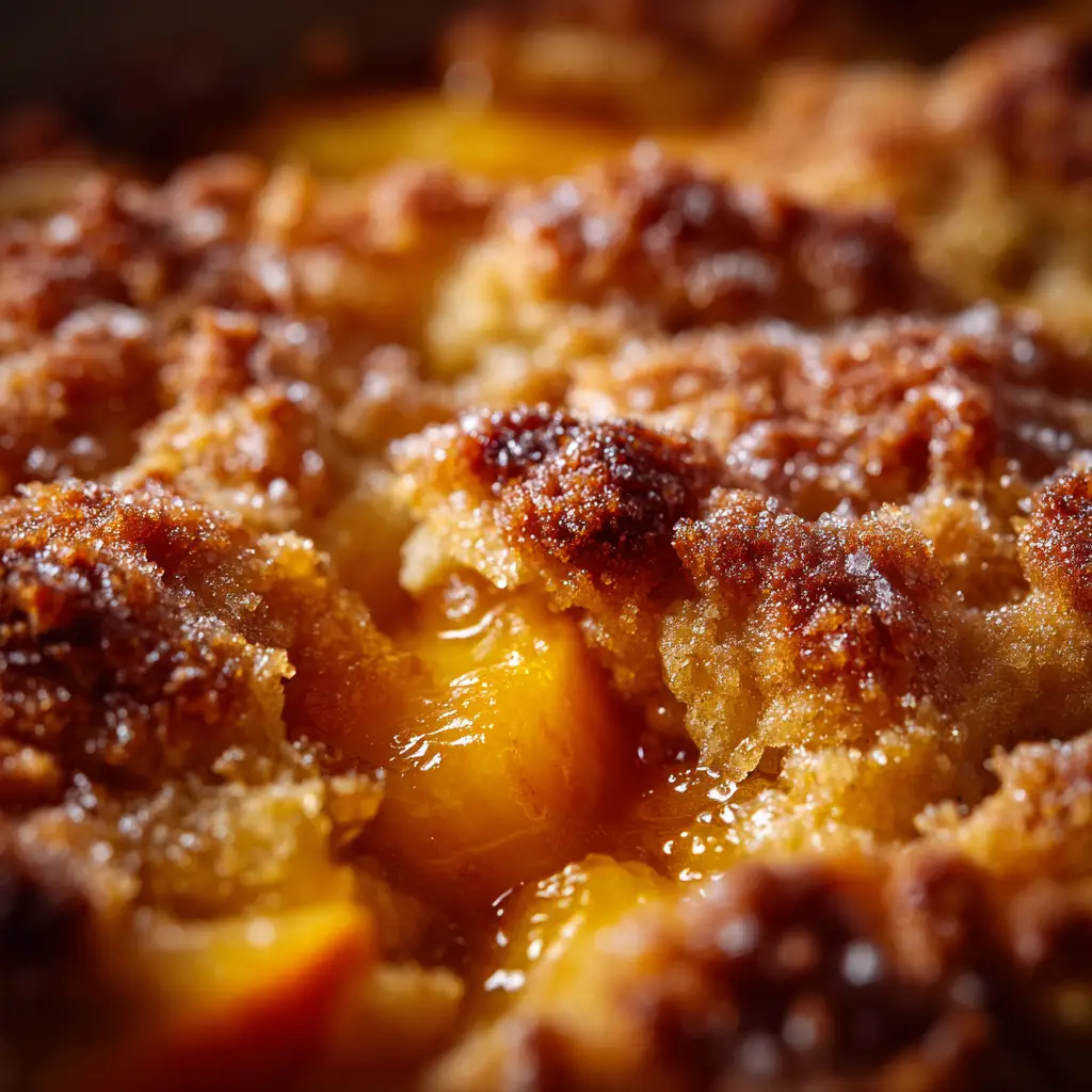 A close-up view of the golden-brown, cake-like topping of the peach cobbler, fresh out of the oven.
