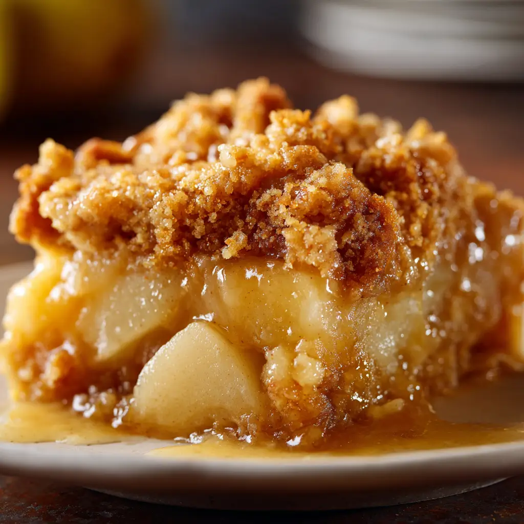 A close-up scoop of warm pear dump cake on a spoon, highlighting the bubbly fruit and the golden, crumbly topping.