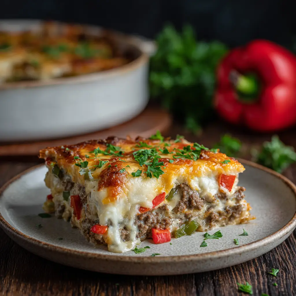 The ingredients for the easy Philly cheesesteak bake laid out, including sliced steak, bell peppers, onion, and cheeses.