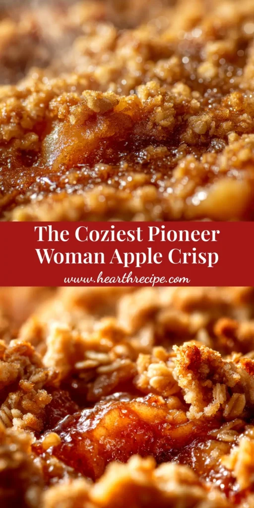 A serving of warm Pioneer Woman apple crisp in a white bowl, topped with a scoop of vanilla ice cream and a caramel drizzle. The crisp has a golden brown oat topping.