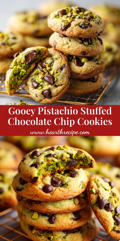 A stack of homemade pistachio cream chocolate chip cookies with one broken in half to show the chewy center, next to a bowl of pistachios.