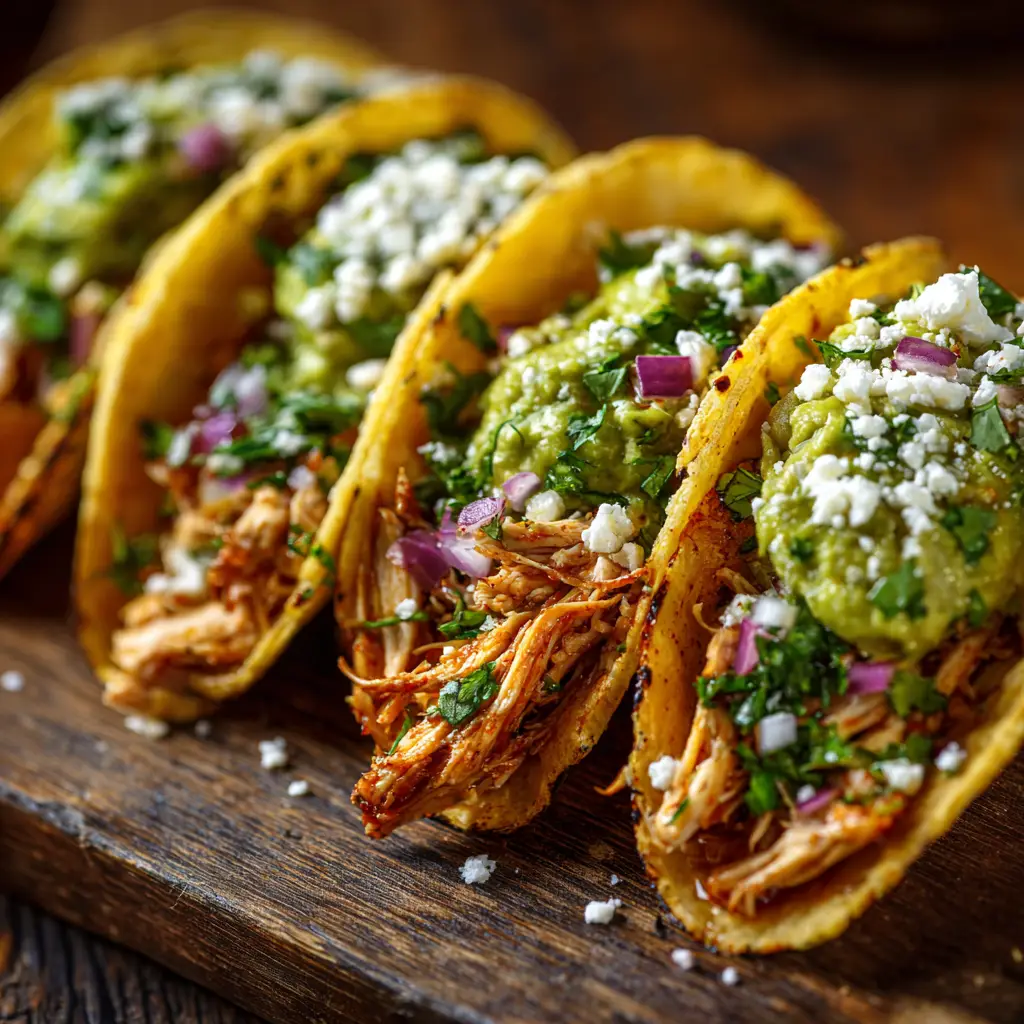A collection of three chicken street tacos served on a plate, showing the classic toppings of onion and cilantro.
