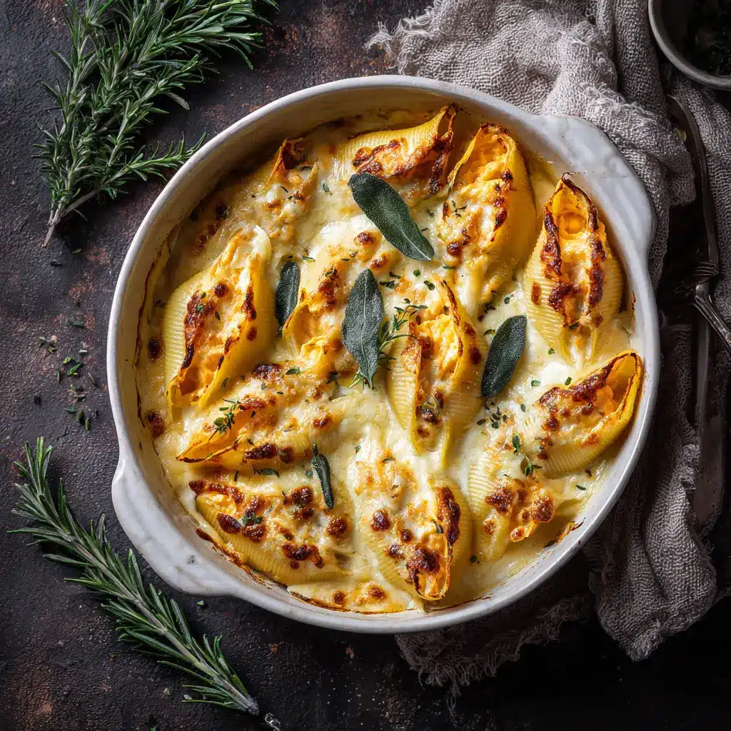 A single serving of pumpkin gouda stuffed shells on a plate, showcasing the creamy interior of the baked pasta.
