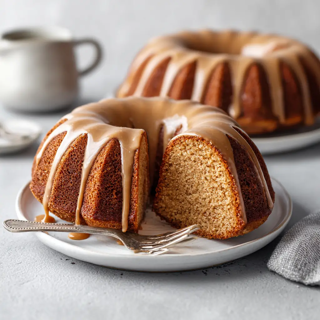 The thick, caramel-colored batter for the Brown Sugar Bundt Cake being poured into a well-greased and floured bundt pan.
