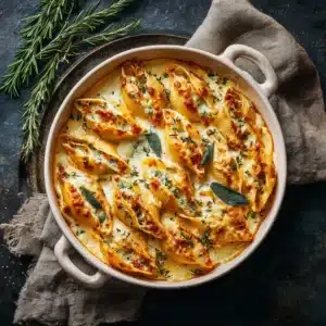 A baking dish filled with pumpkin gouda stuffed shells before being baked, showing the creamy filling and sauce.