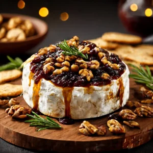 A close-up shot of a wheel of brie being scored with a knife before being topped with fig jam and baked.