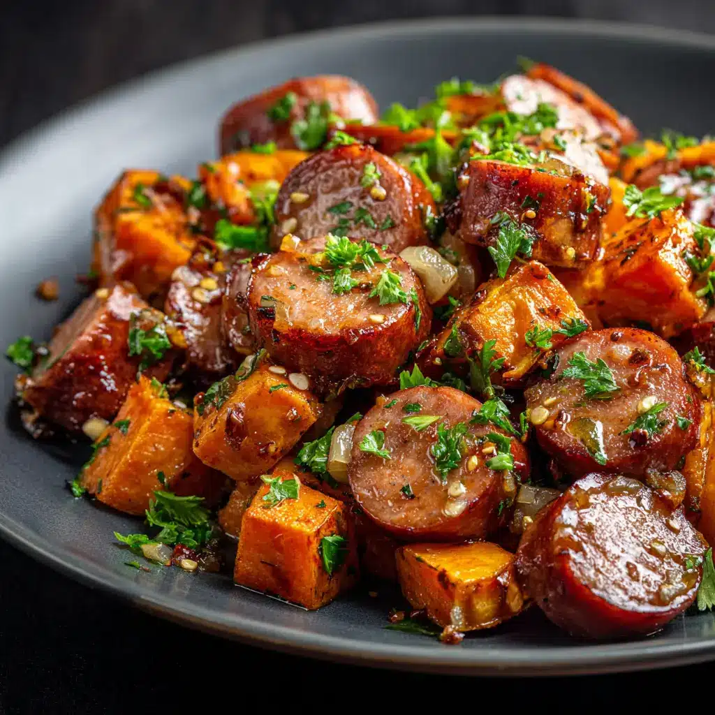 The ingredients for honey garlic sausage and sweet potatoes being tossed in a large bowl with the honey garlic sauce before roasting.