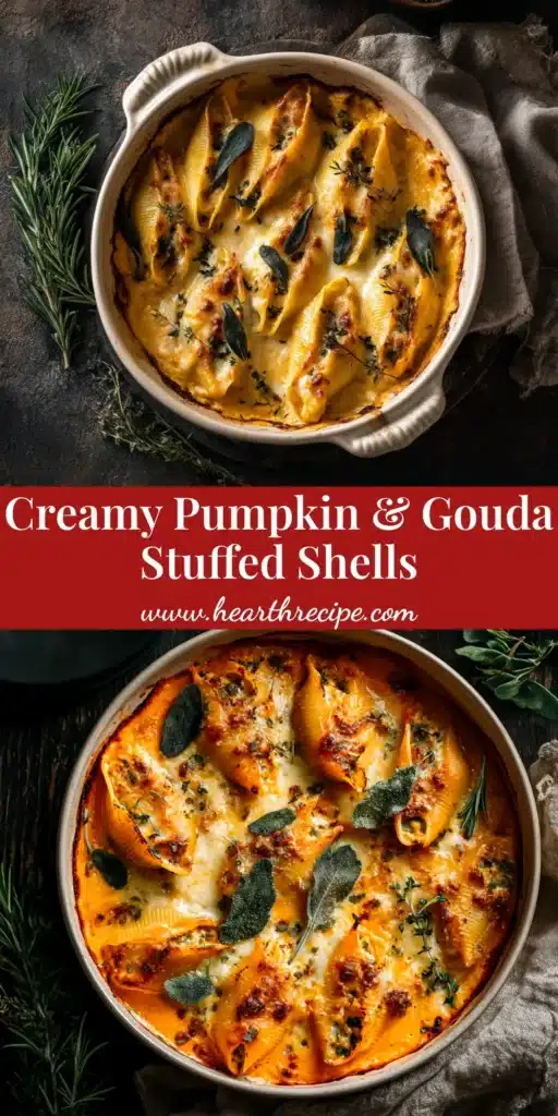 A close-up overhead shot of baked pumpkin gouda stuffed shells in a white baking dish, garnished with fresh sage.