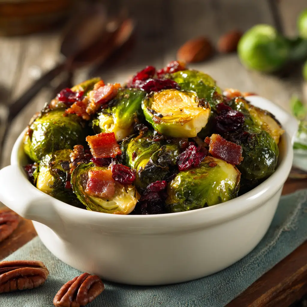 Roasted Brussels Sprouts with Bacon: The Ultimate Crispy Side Dish 1 A bowl of prepared ingredients for roasted brussels sprouts with bacon, showing halved sprouts and chopped bacon ready for seasoning.