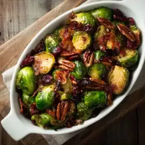 An overhead shot of roasted brussels sprouts with bacon fresh from the oven on a baking sheet, showing their crispy, caramelized texture.