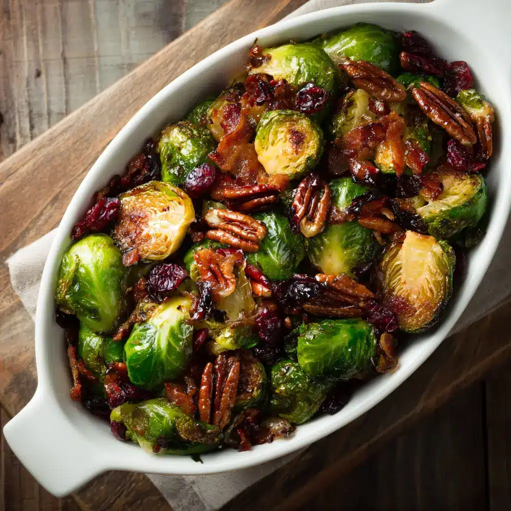 Roasted Brussels Sprouts with Bacon: The Ultimate Crispy Side Dish 2 An overhead shot of roasted brussels sprouts with bacon fresh from the oven on a baking sheet, showing their crispy, caramelized texture.