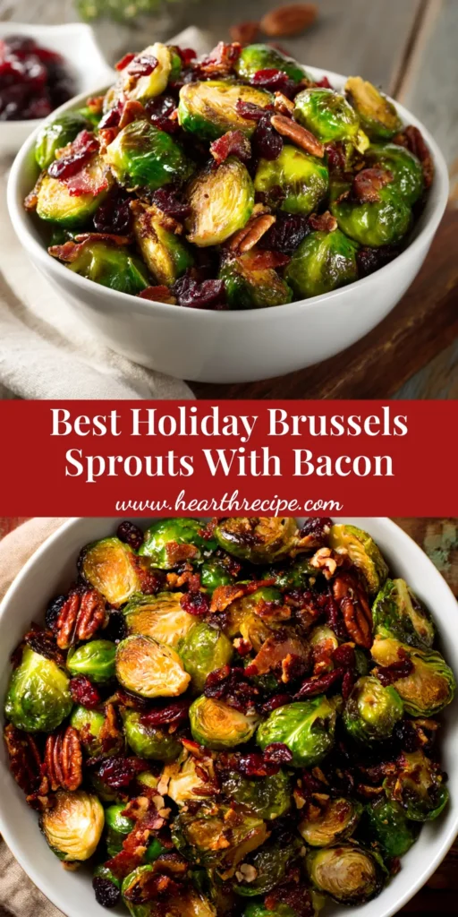 Roasted Brussels Sprouts with Bacon: The Ultimate Crispy Side Dish 4 A shareable pin image of perfectly roasted Brussels sprouts with crispy bacon in a white serving bowl, ready to be served as a delicious side dish.
