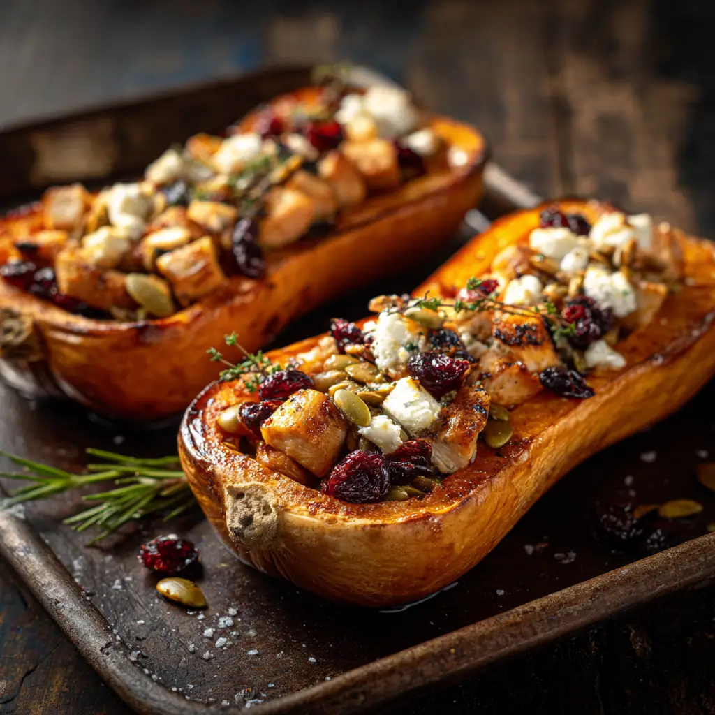 Stuffed Butternut Squash (The Ultimate Fall Recipe) 2 Two halves of roasted butternut squash fresh from the oven, with tender, caramelized flesh ready for stuffing.