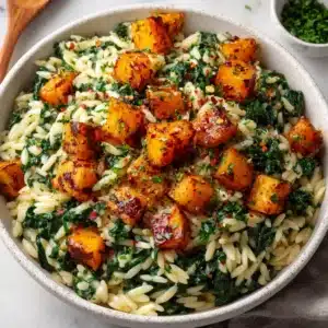 A skillet filled with roasted butternut squash orzo, showing the creamy texture of the dish. A wooden spoon is resting in the skillet.