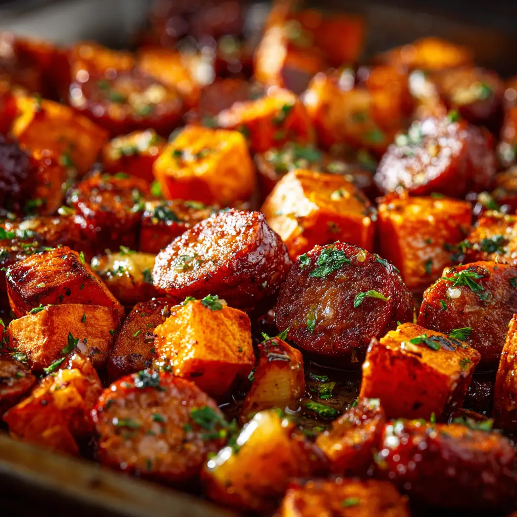 Sheet Pan Sausage and Sweet Potatoes: The Ultimate Weeknight Dinner 2 A close-up shot of roasted sausage and veggies on a sheet pan, showcasing the caramelized texture of the sweet potatoes and sausage.