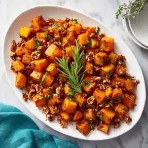 An overhead close-up shot of perfectly roasted Thanksgiving butternut squash cubes on a baking sheet.