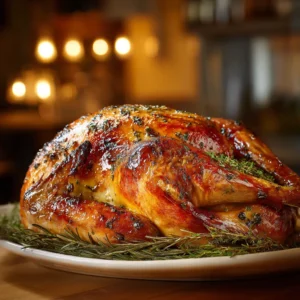 A close-up of a juicy, golden-brown Thanksgiving turkey ready for carving, highlighting the crispy skin achieved with this easy recipe.
