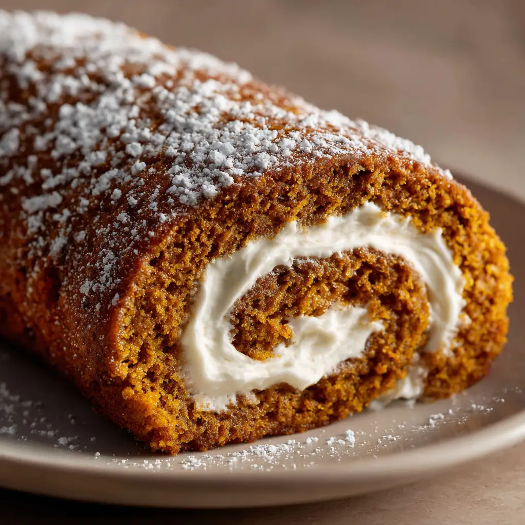 Libby's Pumpkin Roll Recipe (The Classic, No-Fail Guide) 1 The baked pumpkin cake being rolled up in a powdered sugar-dusted kitchen towel while still warm to prevent cracking.