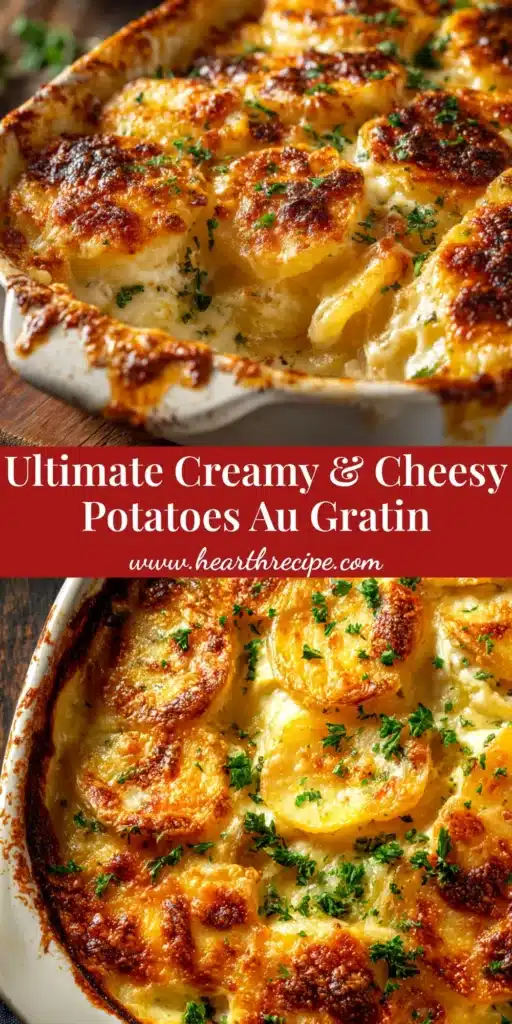 A close-up overhead shot of a baking dish filled with creamy, cheesy Ruth's Chris Potatoes au Gratin, with a golden-brown top.