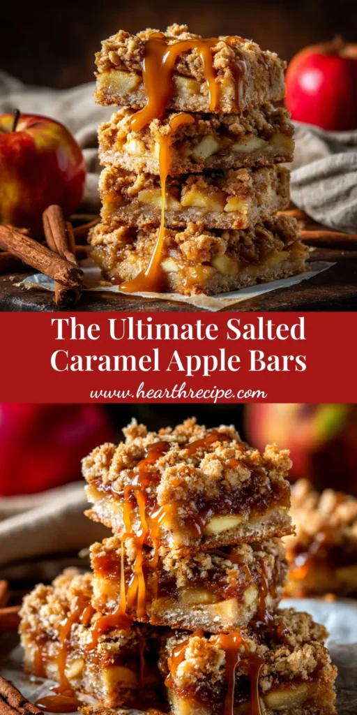 A delectable stack of salted caramel apple crumble bars on a plate, with a gooey caramel drizzle and a crumble topping. The perfect fall dessert recipe.