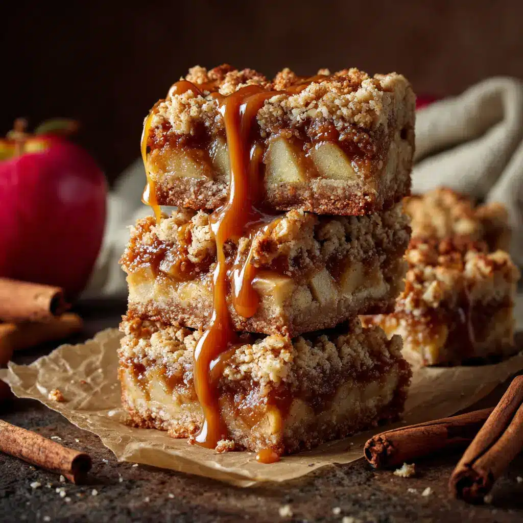 A freshly baked pan of salted caramel apple dessert bars before being sliced, showing the golden-brown crumble topping.