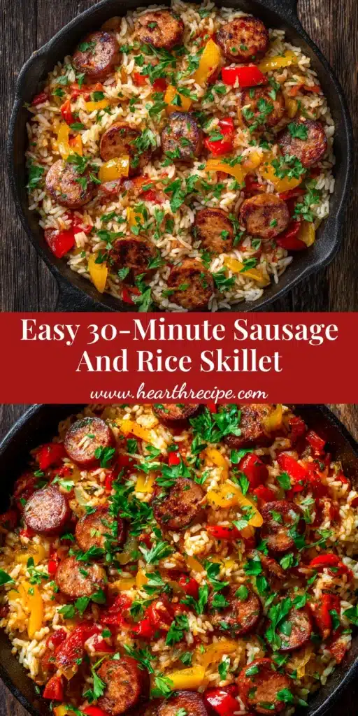 Sausage and Rice Skillet: Your New 30-Minute Dinner Hero 3 An overhead shot of the finished Sausage and Rice Skillet in a cast iron pan, ready to be served. This one-pan meal is perfect for a quick weeknight dinner.