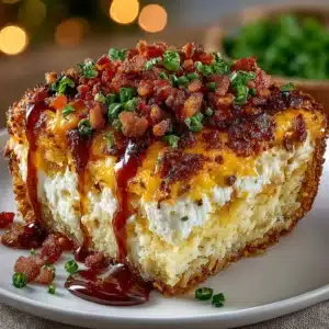 A close-up square slice of sausage breakfast casserole on a white plate. The layers of egg, sausage, and melted cheese are visible, highlighting the fluffy texture.