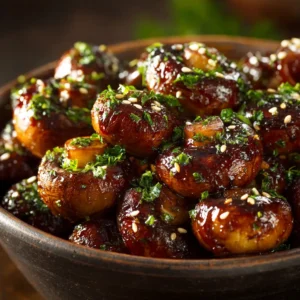 A close-up macro shot of savory roasted mushrooms, glistening with a honey soy glaze and sprinkled with fresh herbs.