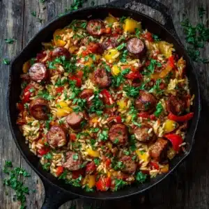 A close-up overhead view of the savory sausage and rice skillet, showing the texture of the fluffy rice and browned sausage.