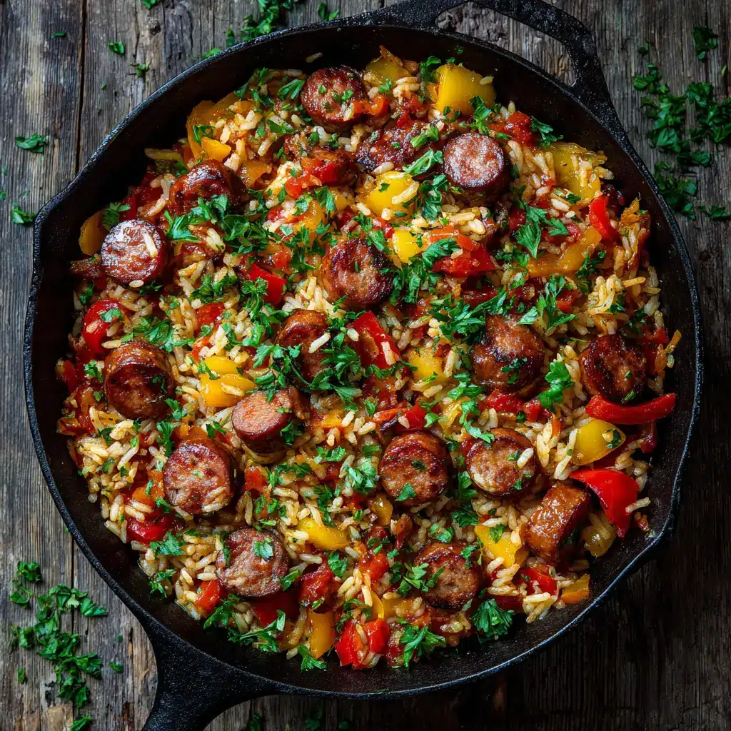 Sausage and Rice Skillet: Your New 30-Minute Dinner Hero 2 A close-up overhead view of the savory sausage and rice skillet, showing the texture of the fluffy rice and browned sausage.