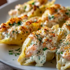 A step-by-step image showing jumbo pasta shells being stuffed with a creamy seafood and cheese filling before baking.