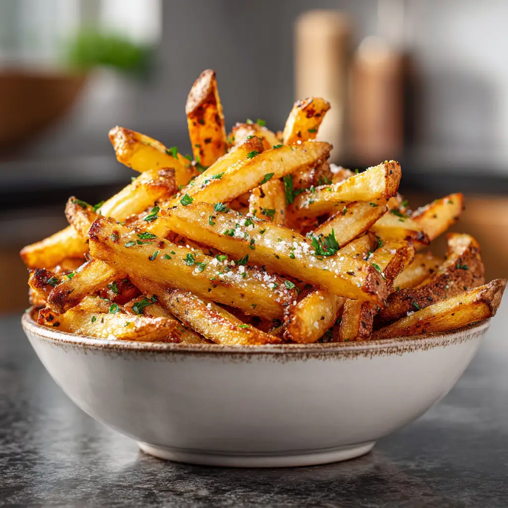 Air Fryer Fries (The Crispiest, Easiest Recipe!) 1 A bowl of seasoned, uncooked potato sticks ready to be cooked into delicious air fryer fries.